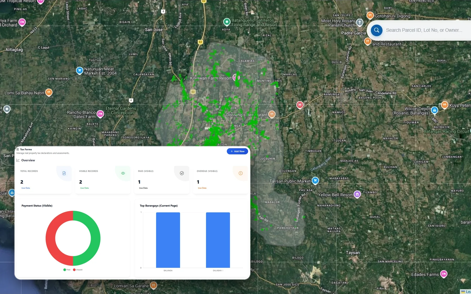 Ibaan GIS map of land parcels over satellite imagery, with the tax forms dashboard showing payment status and barangay charts