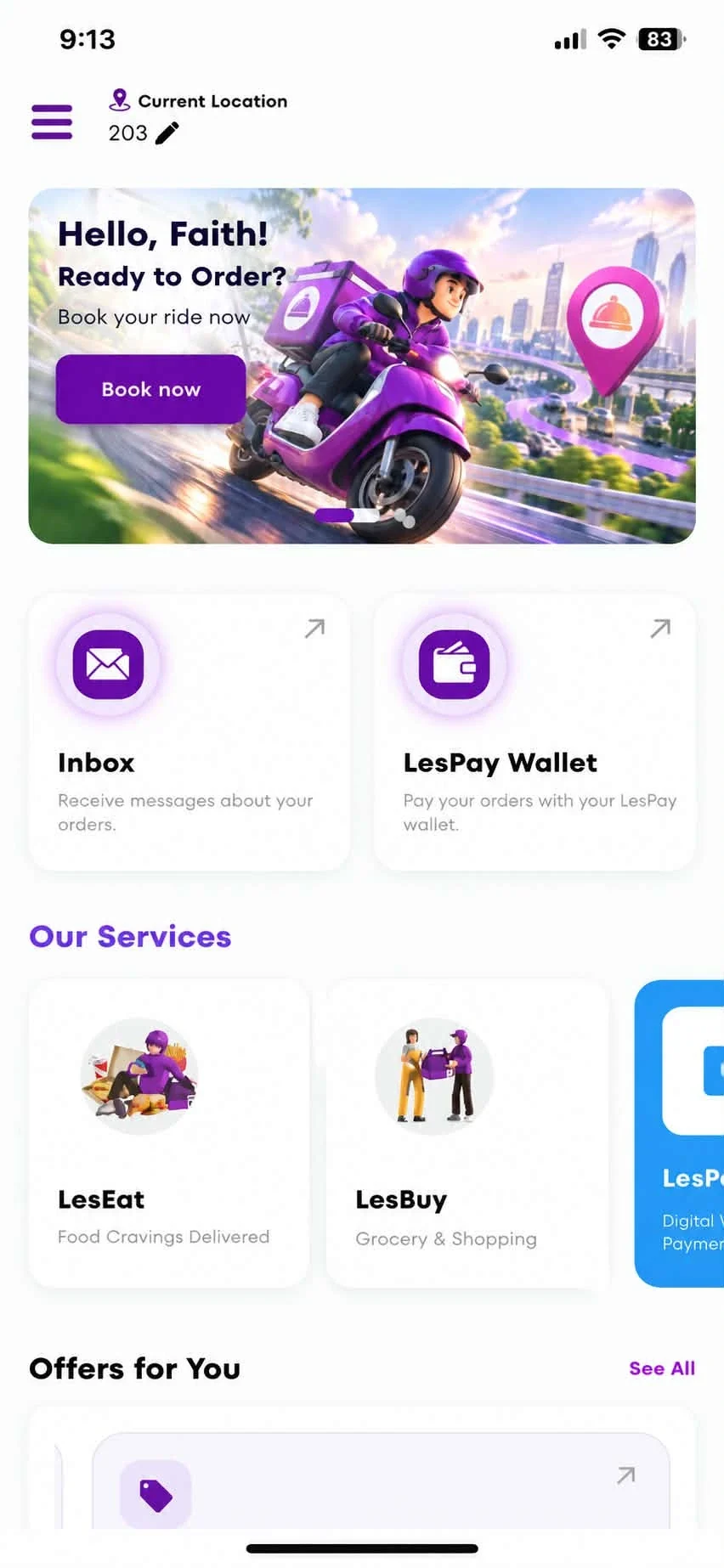 LeSgo app home screen with Book now banner, Inbox, LesPay Wallet, and LesEat and LesBuy services