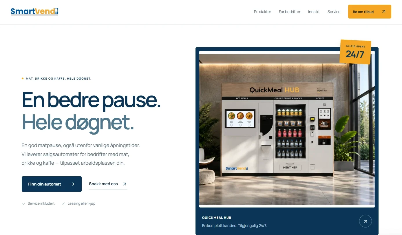 SmartVend homepage with the QuickMeal Hub vending machine and the headline En bedre pause. Hele døgnet.